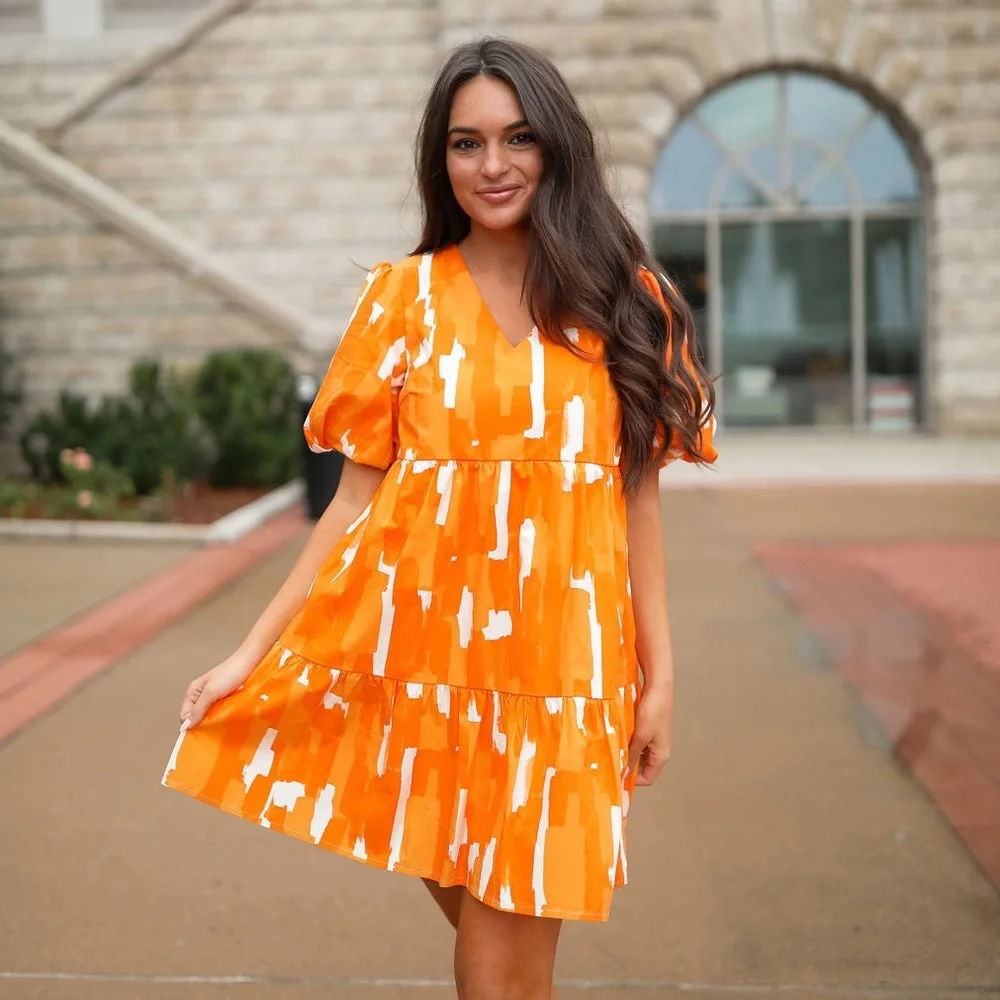 Peach Love‎ Tiered V Neck Orange White Dress Size L NWOT